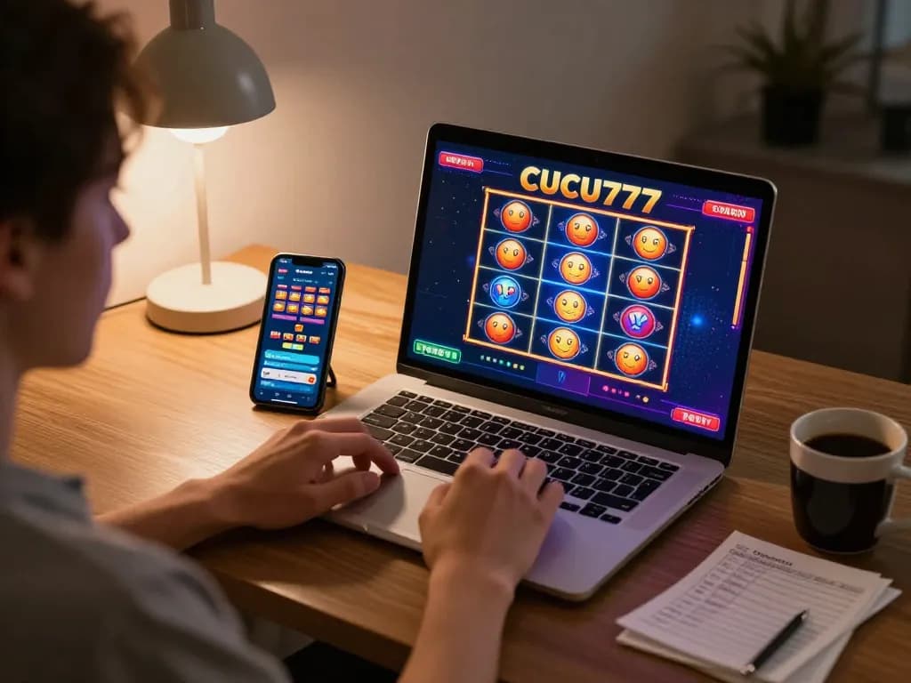 Engaging in CUCU777 online casino gaming on a laptop with vibrant slots displayed.