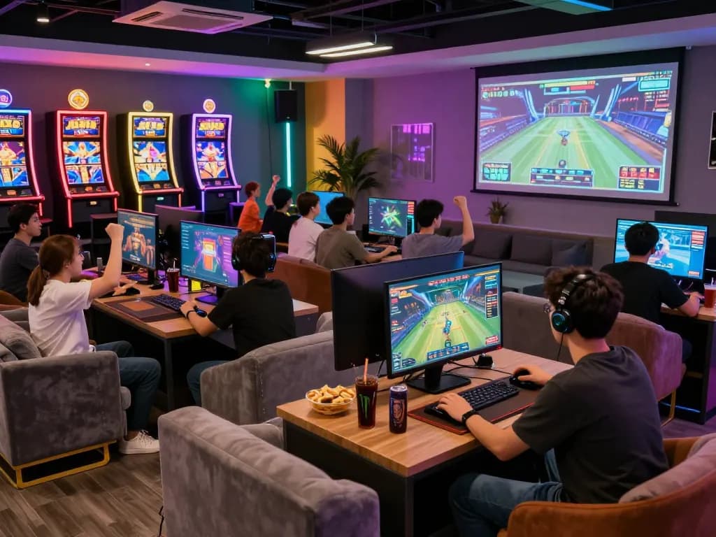Exciting nk88 com online gaming lounge with players enjoying diverse games and vibrant atmosphere.