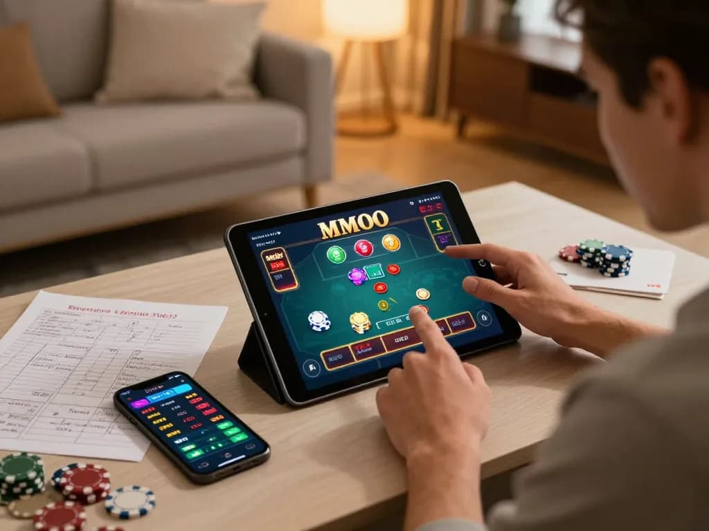 Player enjoying a strategic gaming experience with MMOO online casino app on tablet in a cozy living room.
