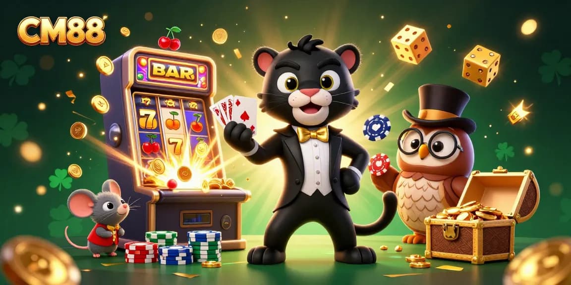 Experience thrilling moments with CM88 as a panther deals cards amidst dazzling casino elements.