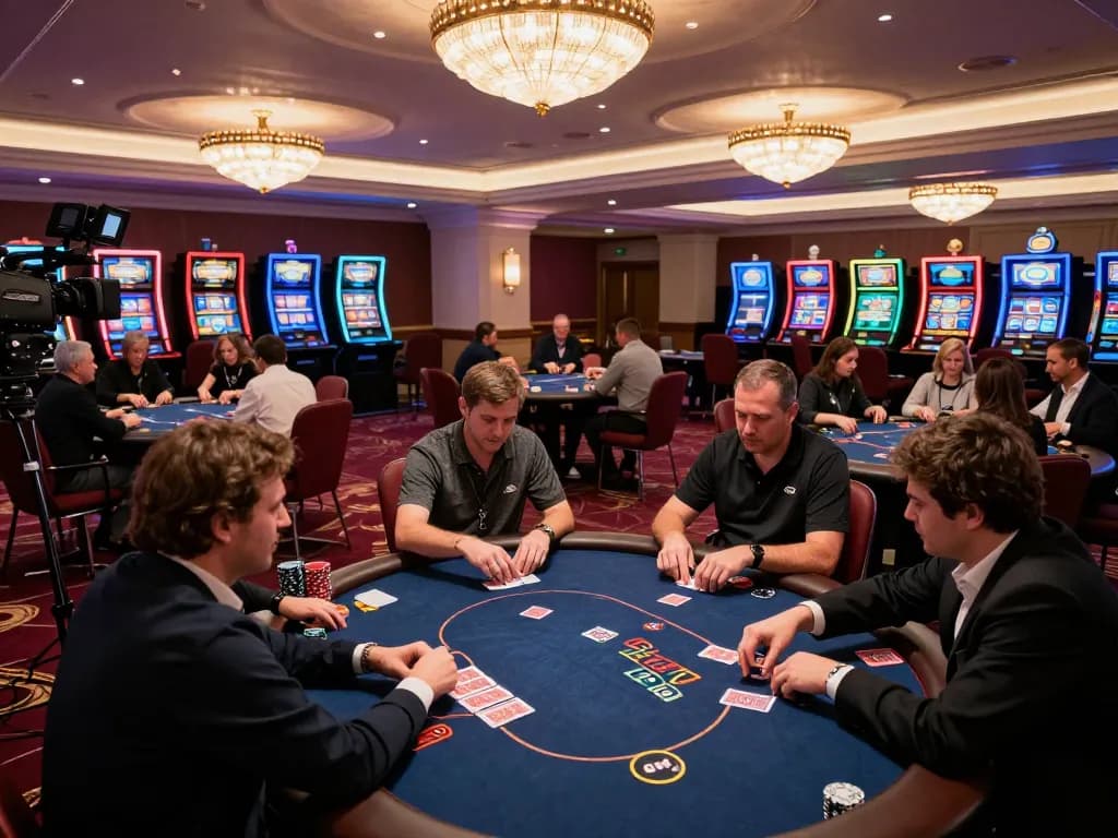 Players enjoying a strategic poker game at MMOO casino, with vibrant ambiance and luxurious decor.