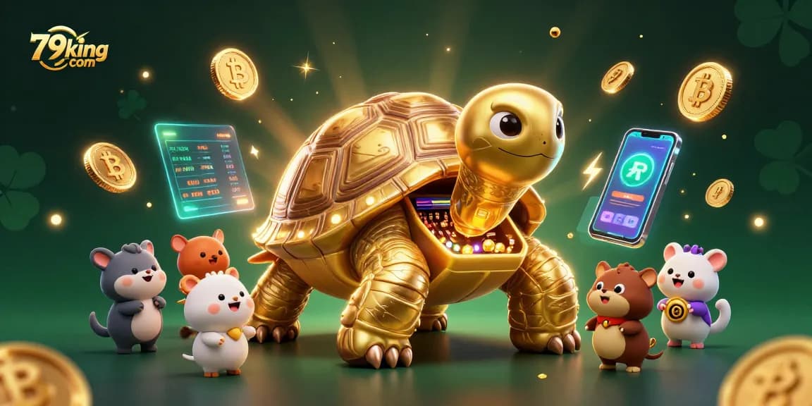 Engage with 79king com amidst a lively scene of a golden tortoise pinball machine and crypto elements.