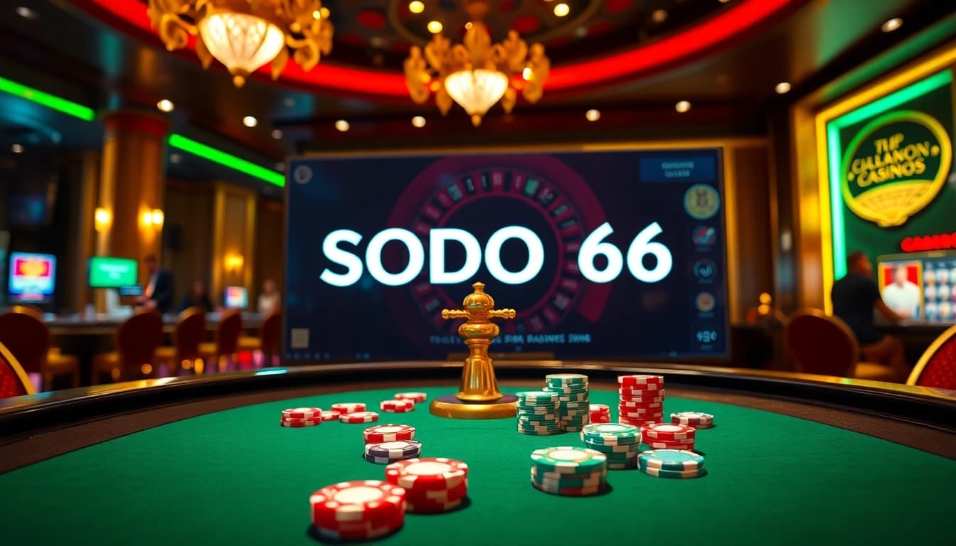 Experience thrilling gameplay at SODO66 with vibrant poker chips and an elegant roulette wheel.