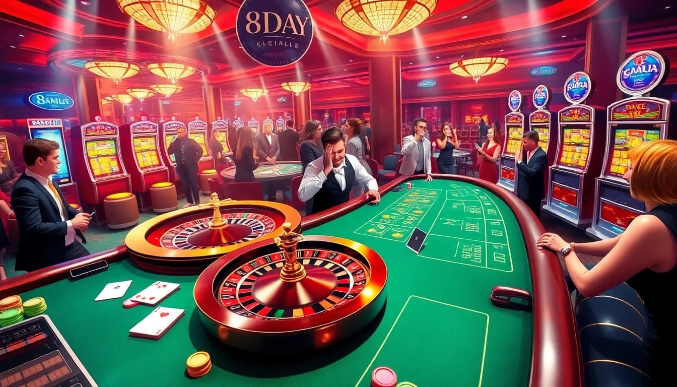 Players enjoying exciting casino games at 8DAY with vibrant tables and slot machines.