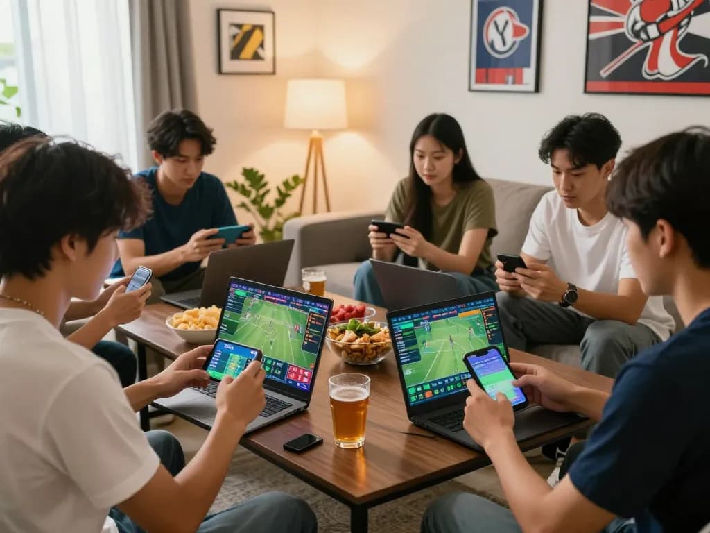 Engaged friends placing bets online with excitement while checking tỷ lệ kèo nhà cái hôm nay in a lively home setting.