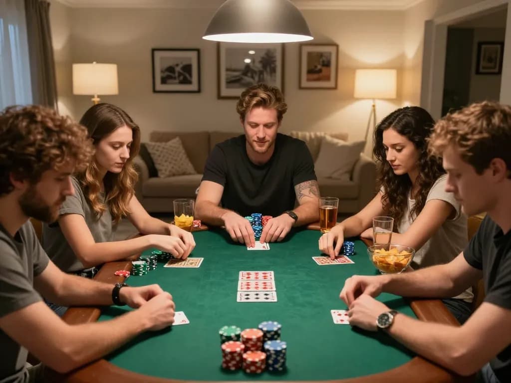 Engaged friends playing poker during a cozy night, exploring Canada online casinos atmosphere