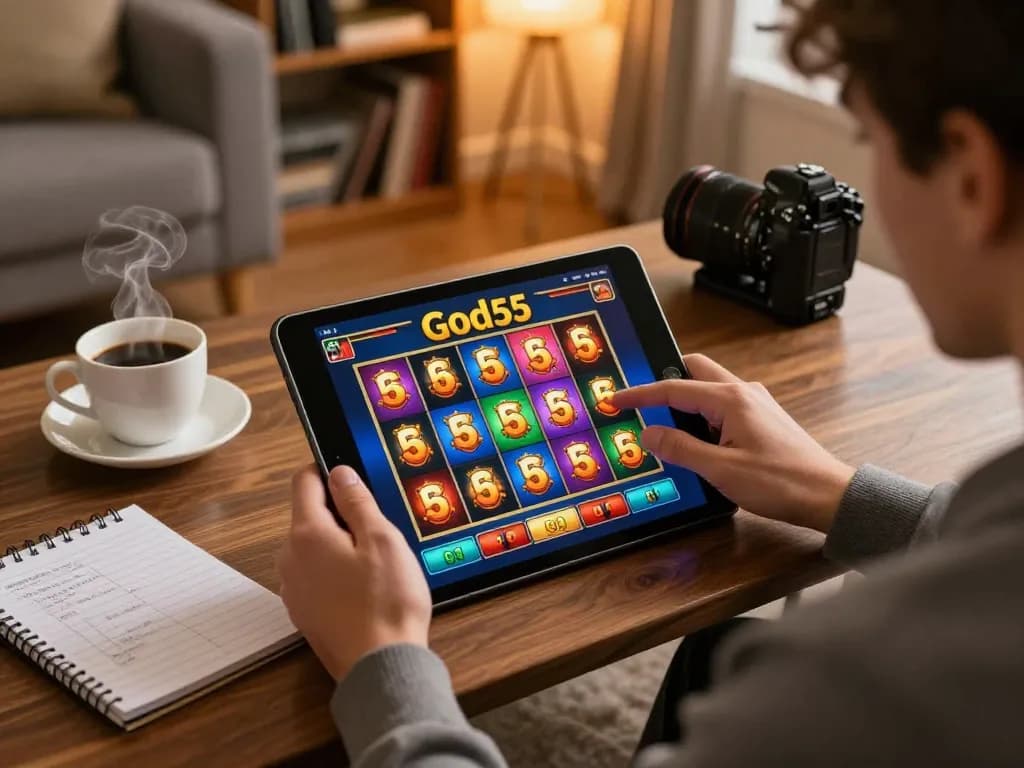 Enjoying a thrilling gaming experience on God55 platform with a tablet in a cozy living room.