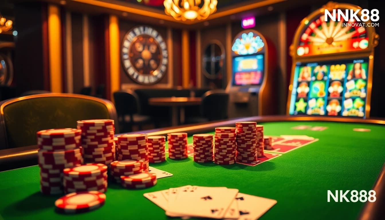 Engage in high-stakes gambling at nk88.fyi with a luxurious casino atmosphere featuring cards, chips, and excitement.