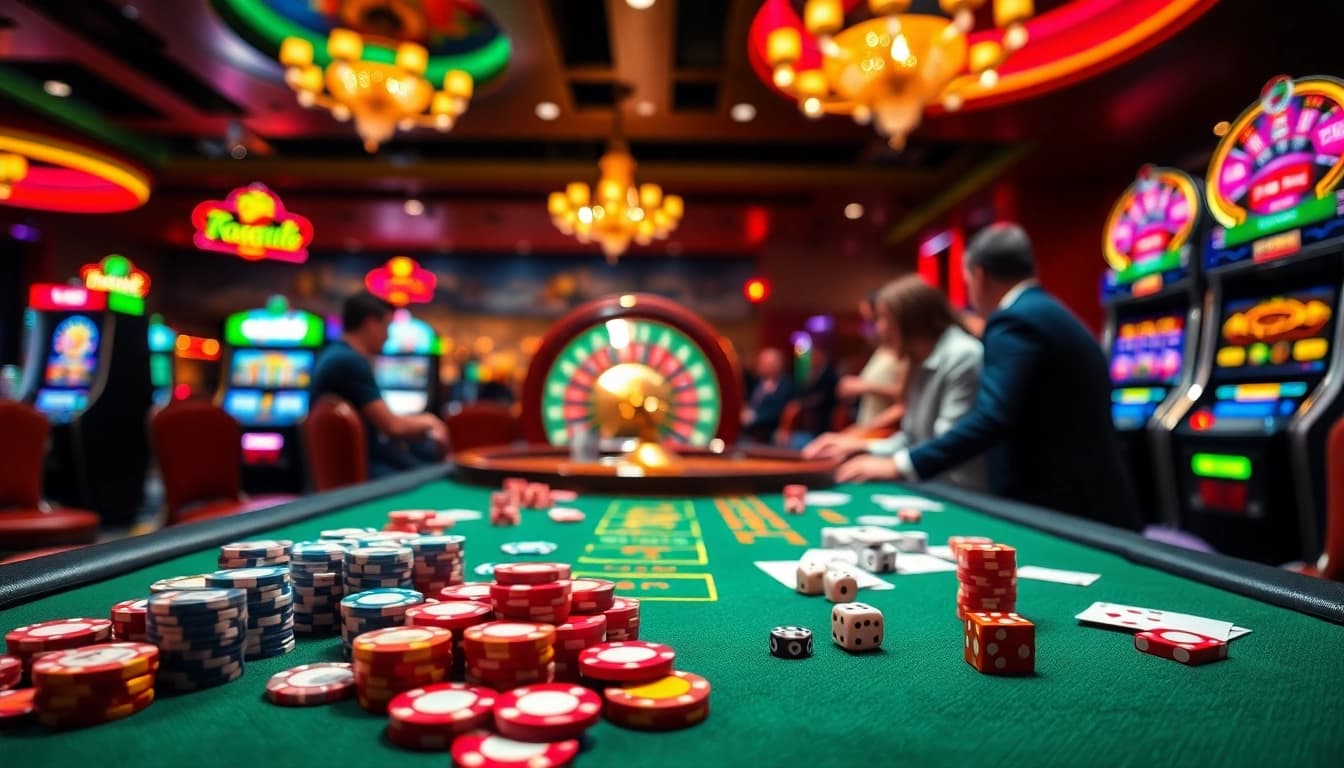 Experience the thrill of ee88 at a vibrant casino with lively gaming tables and excited players.