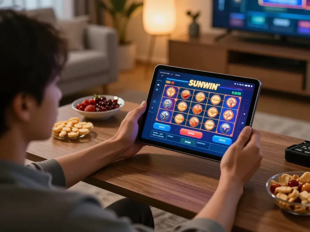 Engaged player using SUNWIN slots interface on tablet in a cozy setting, showcasing online gambling.
