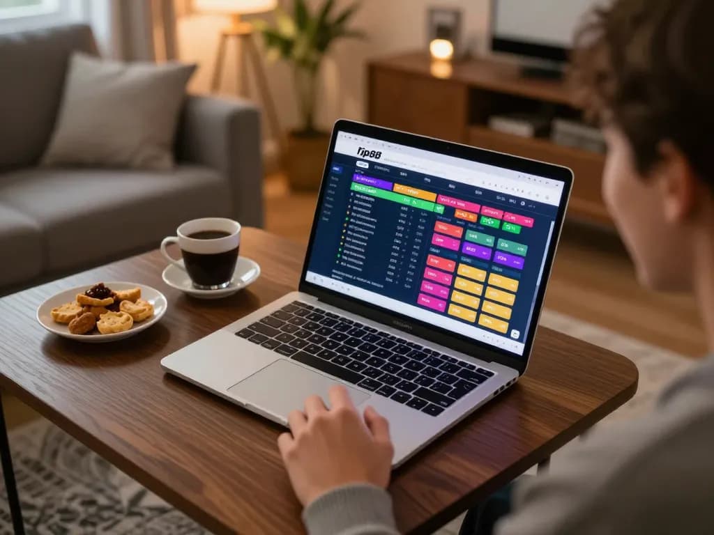 Engaging online sports betting experience with tip88 interface on laptop, cozy home atmosphere