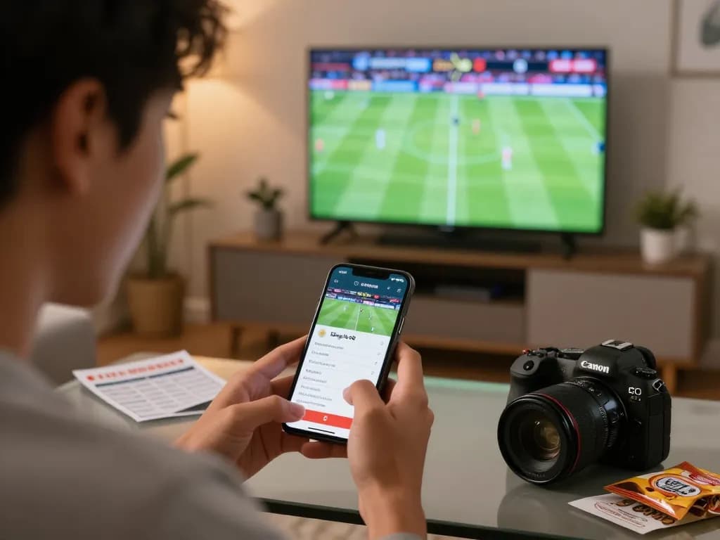 Intense moment of placing a bet on bóng đá o8 during a live football match, smartphone app in focus, exciting environment.