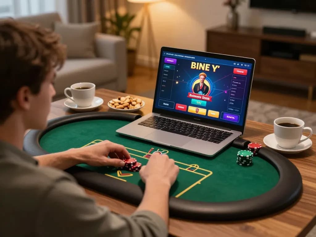 Engaging in strategic online gaming with tr88 at a cozy home setup featuring poker on laptop.