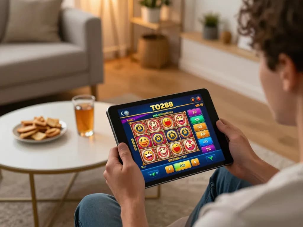 Engaging in TO288 online gaming with vibrant slot reels displayed on tablet in a cozy setting.
