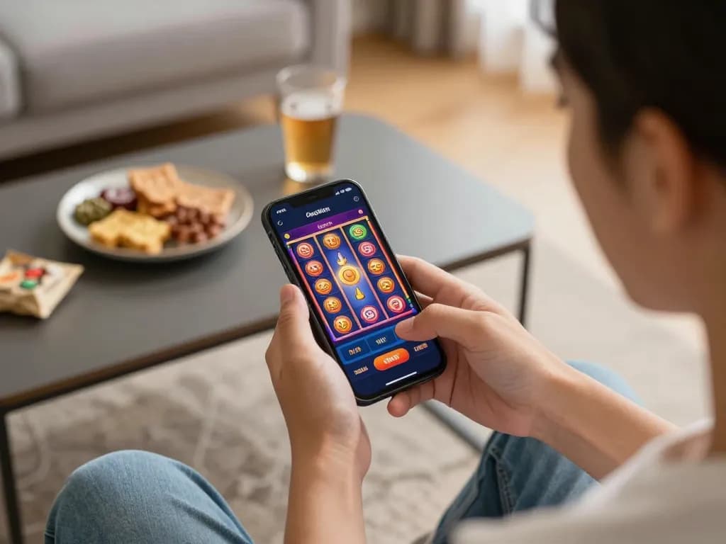 Berinteraksi dengan aplikasi kasino online defineyouniversity di smartphone dalam suasana rumah yang nyaman.
