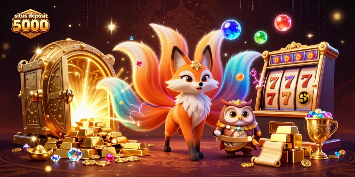 Spin to win with situs deposit 5000 in a vibrant, immersive casino scene featuring lucky symbols and treasures.