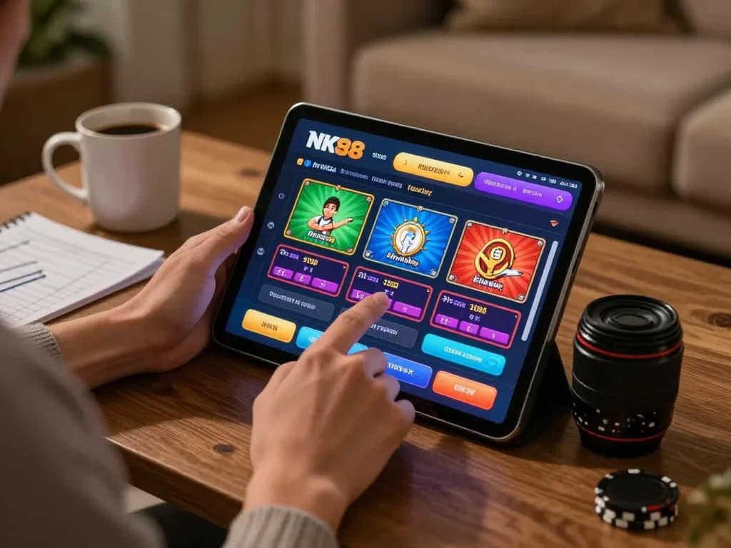 Engaging user exploring NK88 online casino platform on a tablet, showcasing a strategic gaming moment.