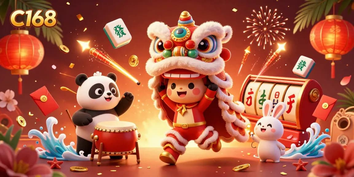 Engage in thrilling casino fun at C168 with vibrant lion dance and exciting game elements.