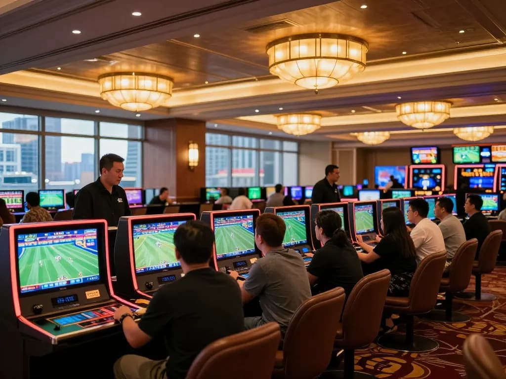 Excited sports bettors engaging with tg88 betting app on screens in a dynamic casino environment