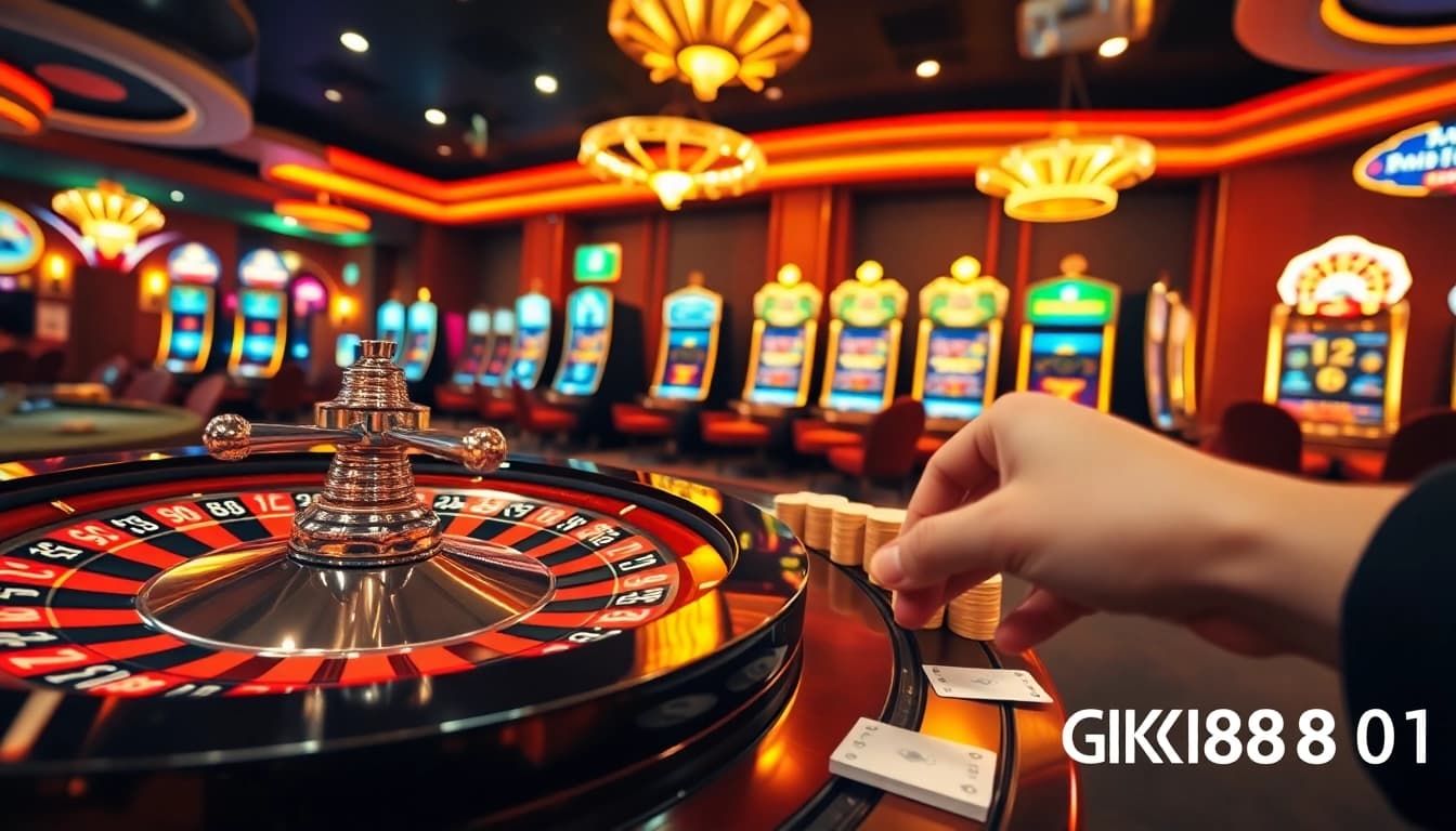 Exciting casino atmosphere featuring GK88 01 elements with roulette, chips, and slot machines.