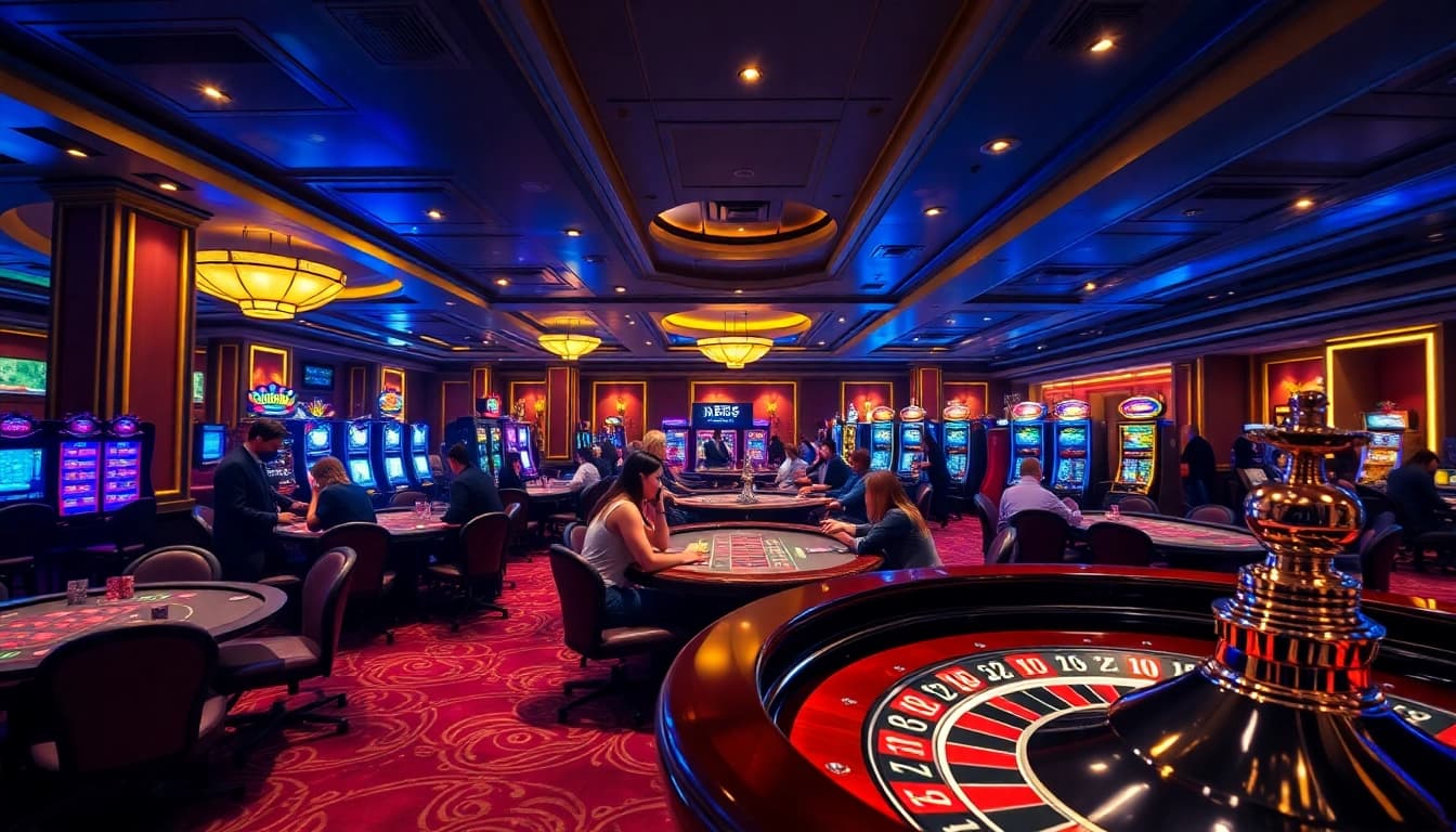 Engage in thrilling gameplay at HB88 casino with vibrant tables, poker chips, and rich decor.