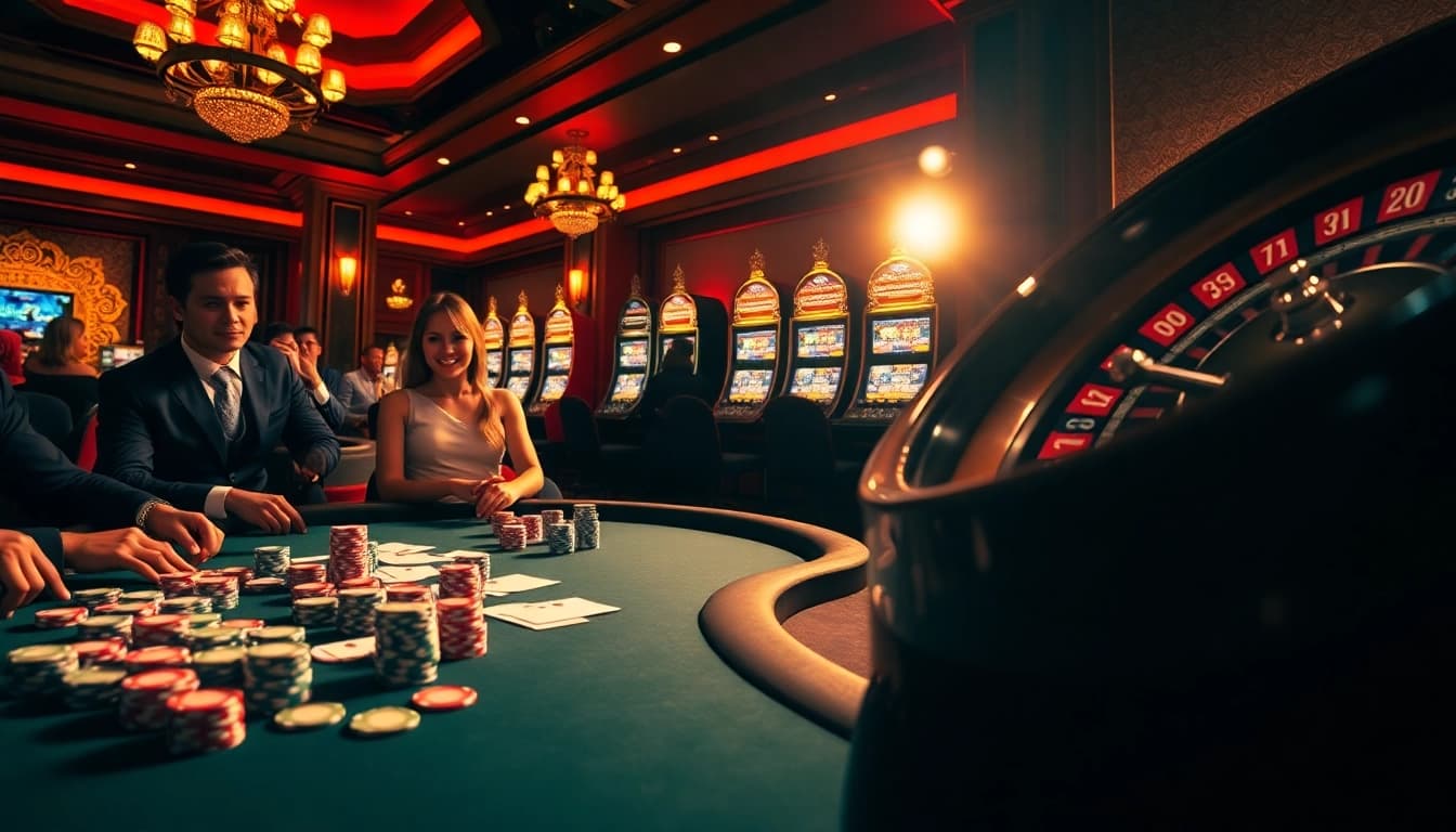 Engaging atmosphere at sodocasino with poker tables, roulette wheel, and slot machines.