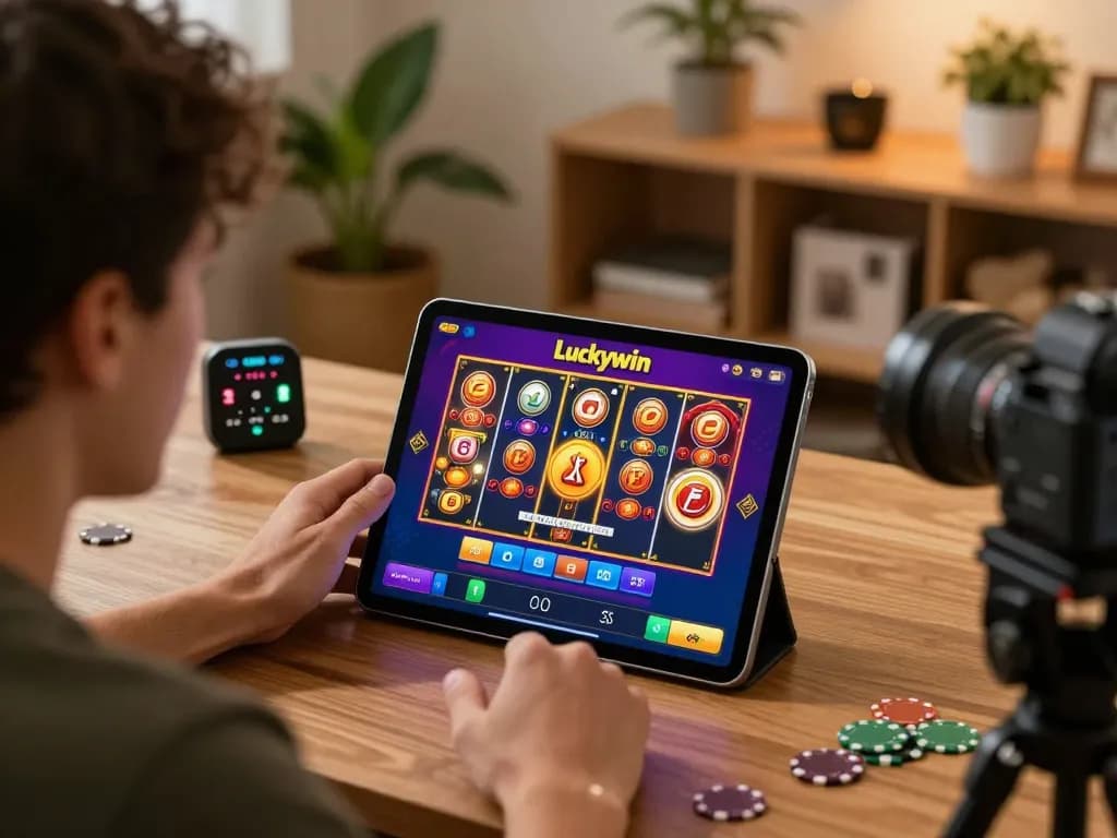 Player enjoying Luckywin online gaming on a tablet with engaging slots and poker.