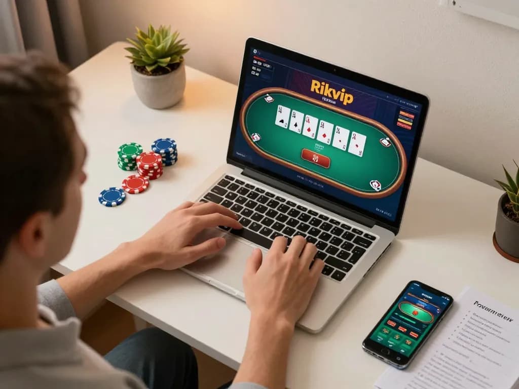 Engaging poker gameplay on Rikvip showcasing a user strategizing in a cozy gaming setup