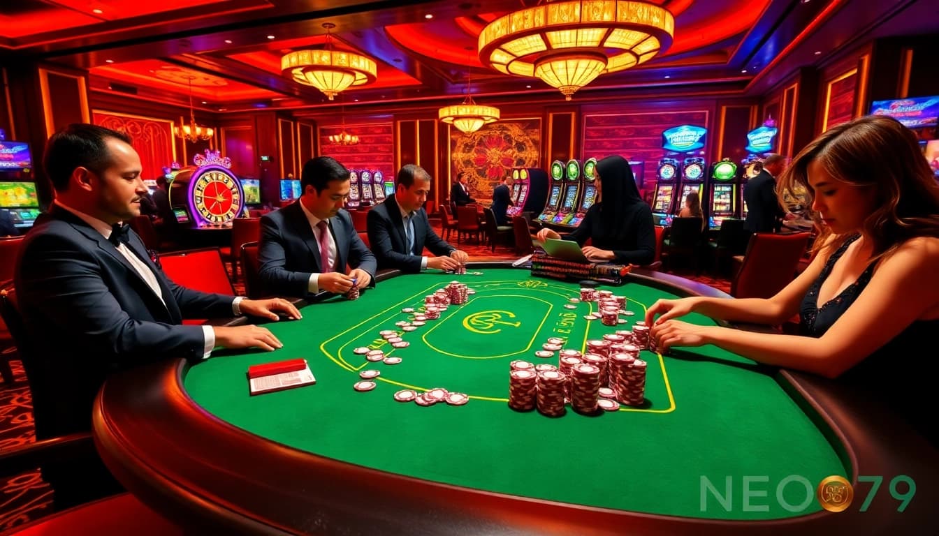 NEO79 online casino players engaging at a vibrant poker table with colorful chips.