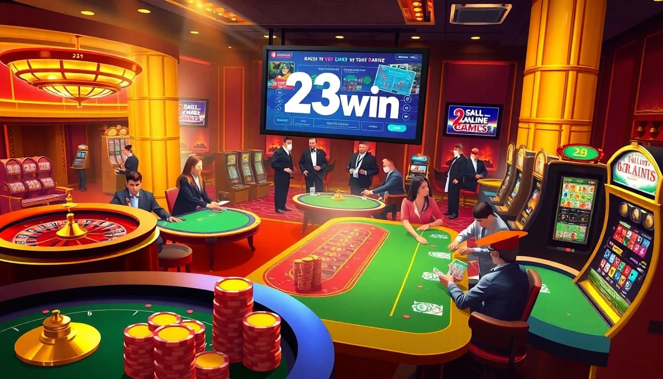Intense poker game in a luxurious casino environment showcasing 23win, with players strategizing over cards.
