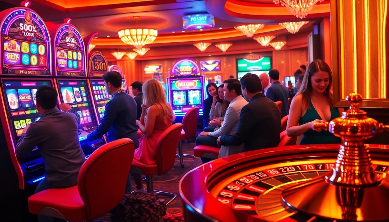 Players enjoying nekatwin gaming experience at colorful slot machines in a luxurious casino atmosphere.