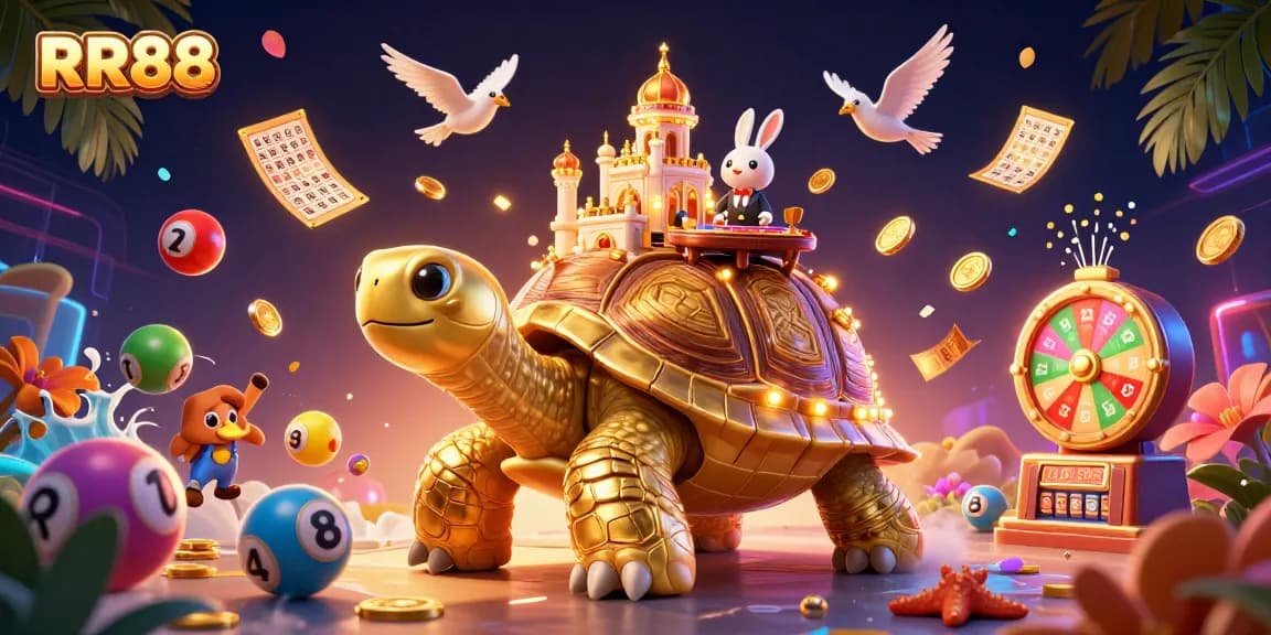 Experience thrilling gaming action at RR88 Casino with a vibrant illustration featuring a golden tortoise and rabbit dealer.