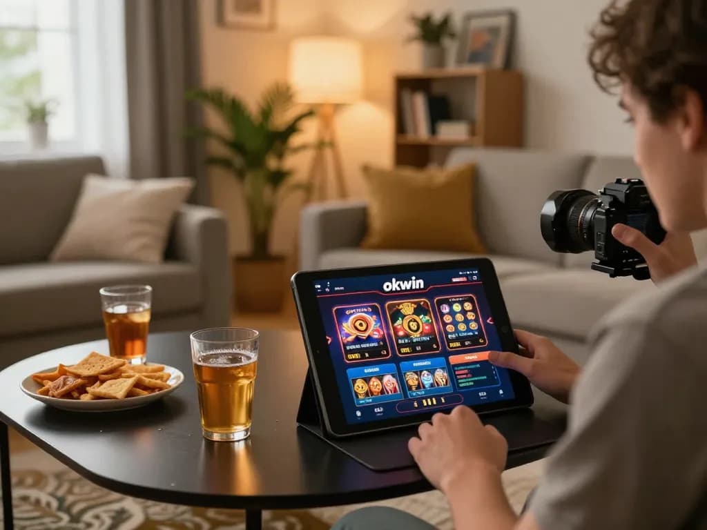 Player engaged in exciting games on okwin app within a cozy home atmosphere.