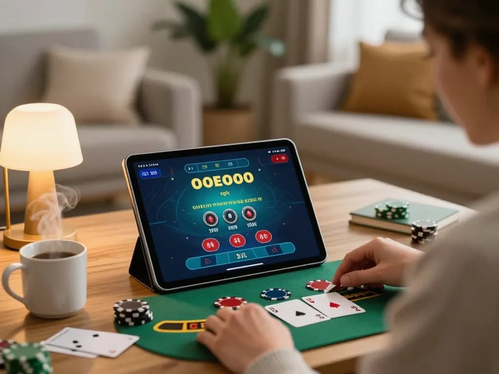 Sunwin player engaging in live blackjack on tablet in a cozy home environment