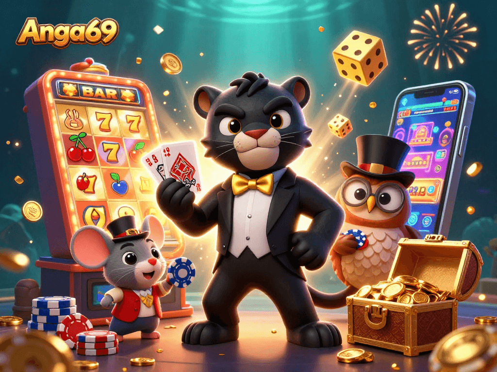Experience the thrill of Angka69 with stylish characters at a dynamic casino scene filled with games and excitement.