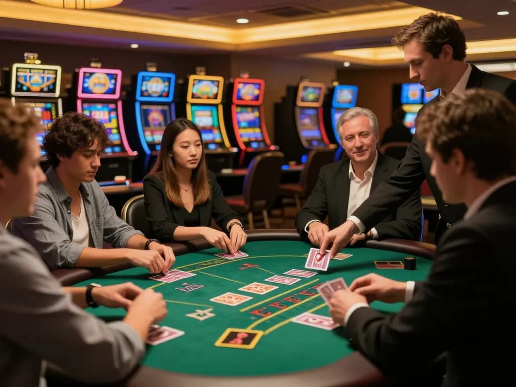 Players enjoying an exciting game at CASINO ONE88 blackjack table, dealer presenting cards.