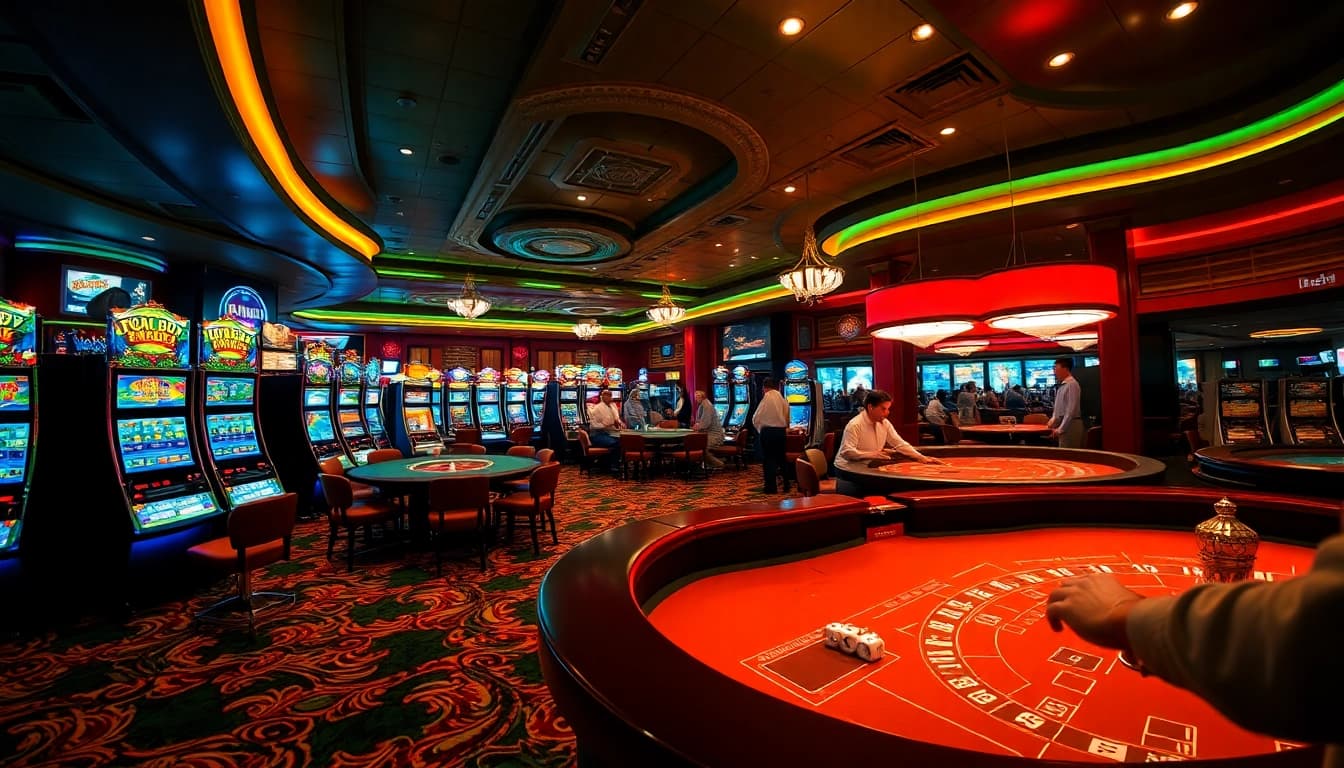Experience the excitement of online gaming at https://rr88.bar/ with lively casino tables, slot machines, and vibrant players.