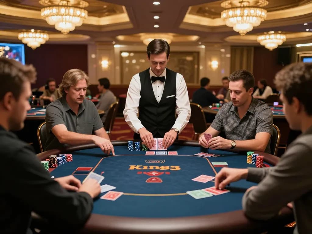 Engaged players at King33 live casino table, enjoying a thrilling game with a professional dealer.