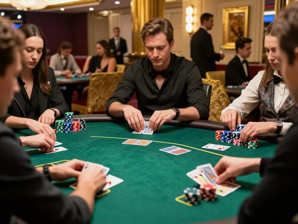 Engage in high-stakes gameplay with TG 777 at a luxurious poker table, vibrant atmosphere.
