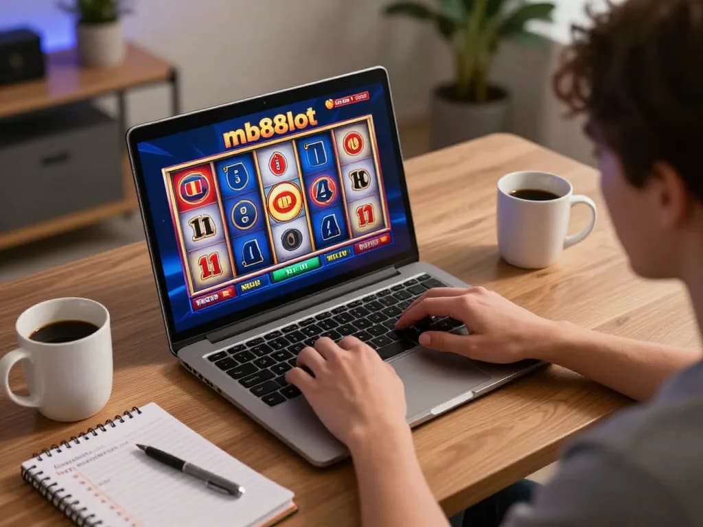 Engaged player enjoying mb88slot online gaming with spinning slot machine on laptop screen