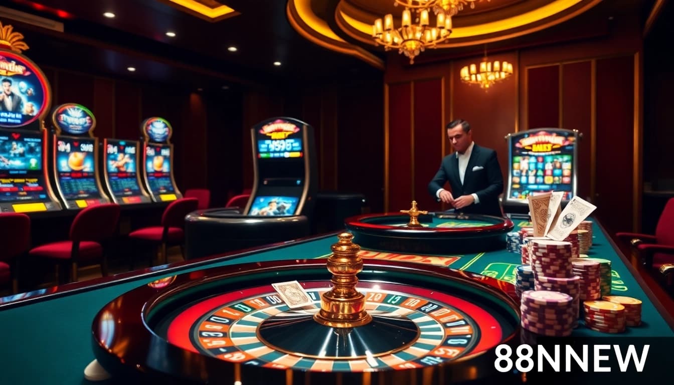 Players enjoy an engaging gambling experience at 888NEW casino tables featuring cards and roulette wheels.