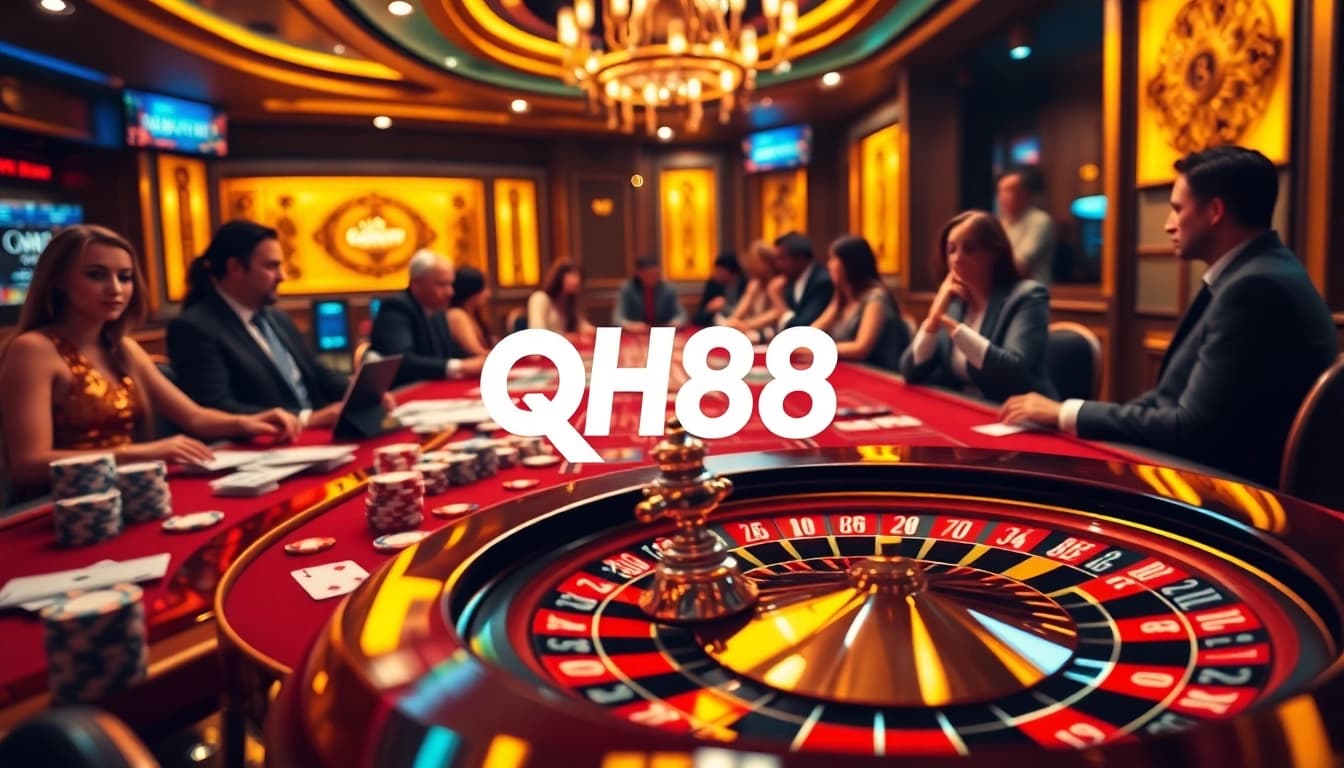 Experience the thrilling atmosphere of qh88's vibrant casino with engaging poker and roulette games.