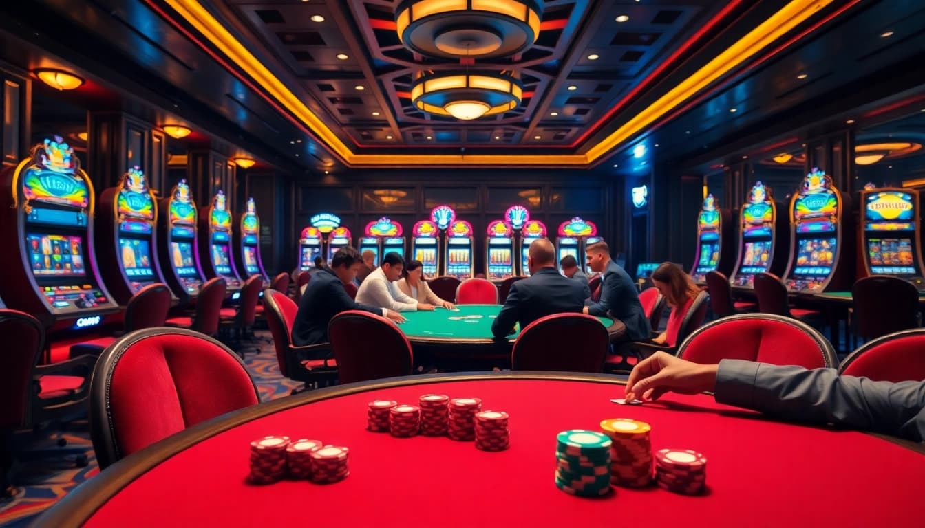 Players enjoying a thrilling game at Thabet casino with vibrant poker table and exciting ambiance