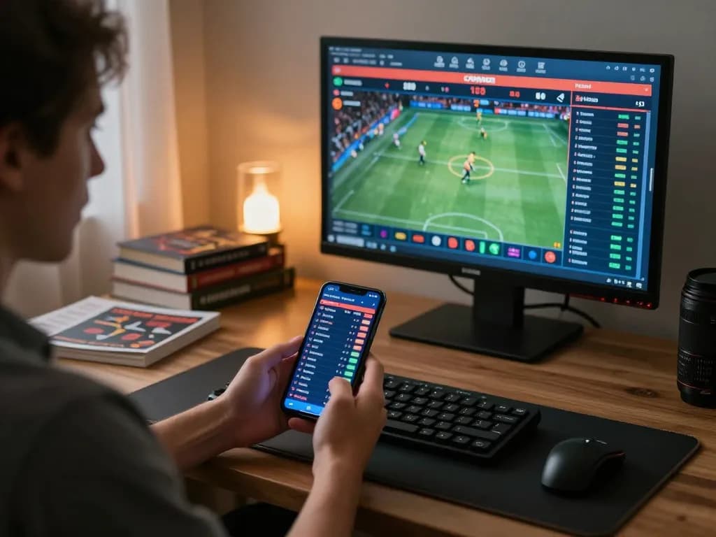 Betting on LV88 with a smartphone, showcasing live sports odds in a modern home setup