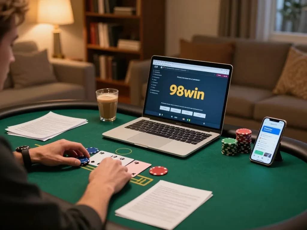 Player engaging with 98win online poker game at home, showcasing betting strategy