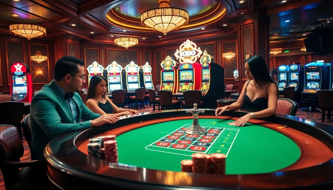 Exciting casino scene showcasing SODO-themed roulette and poker games with vibrant lights and players.
