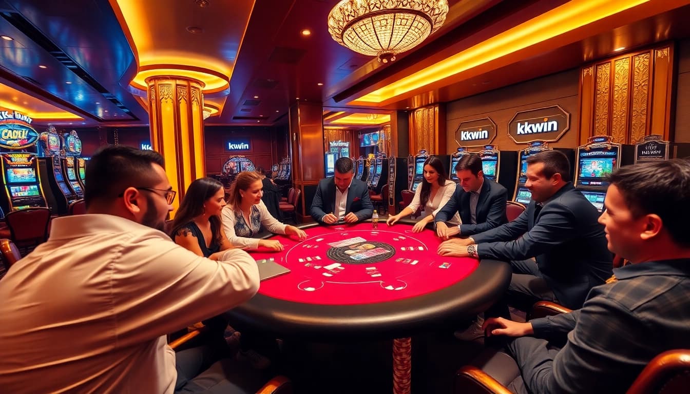 Kkwin casino players enjoying a thrilling poker game in a luxurious setting with vibrant colors.