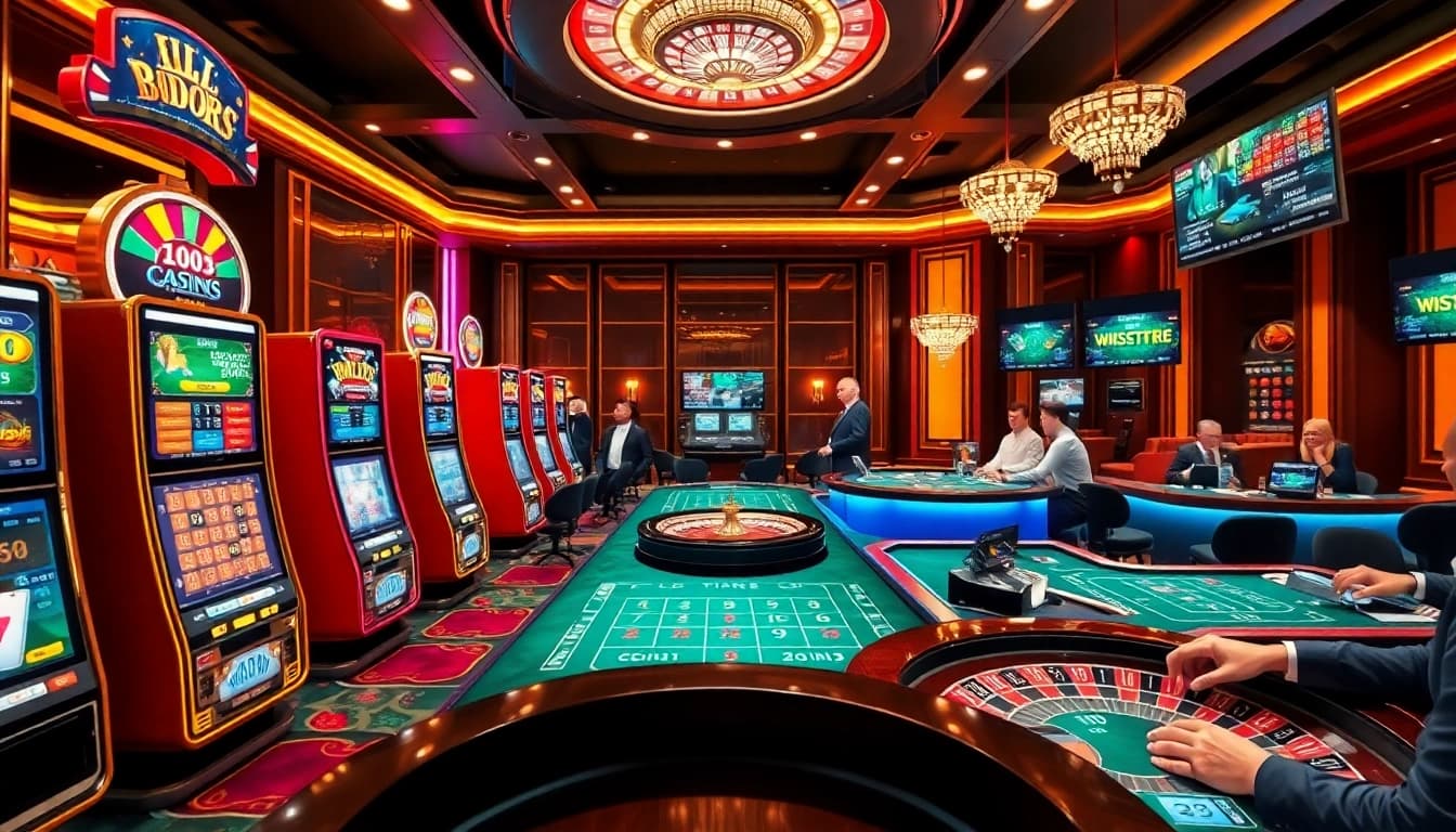 An engaging scene at https://l444.art/ showcasing vibrant slot machines and roulette with players enjoying online gambling.