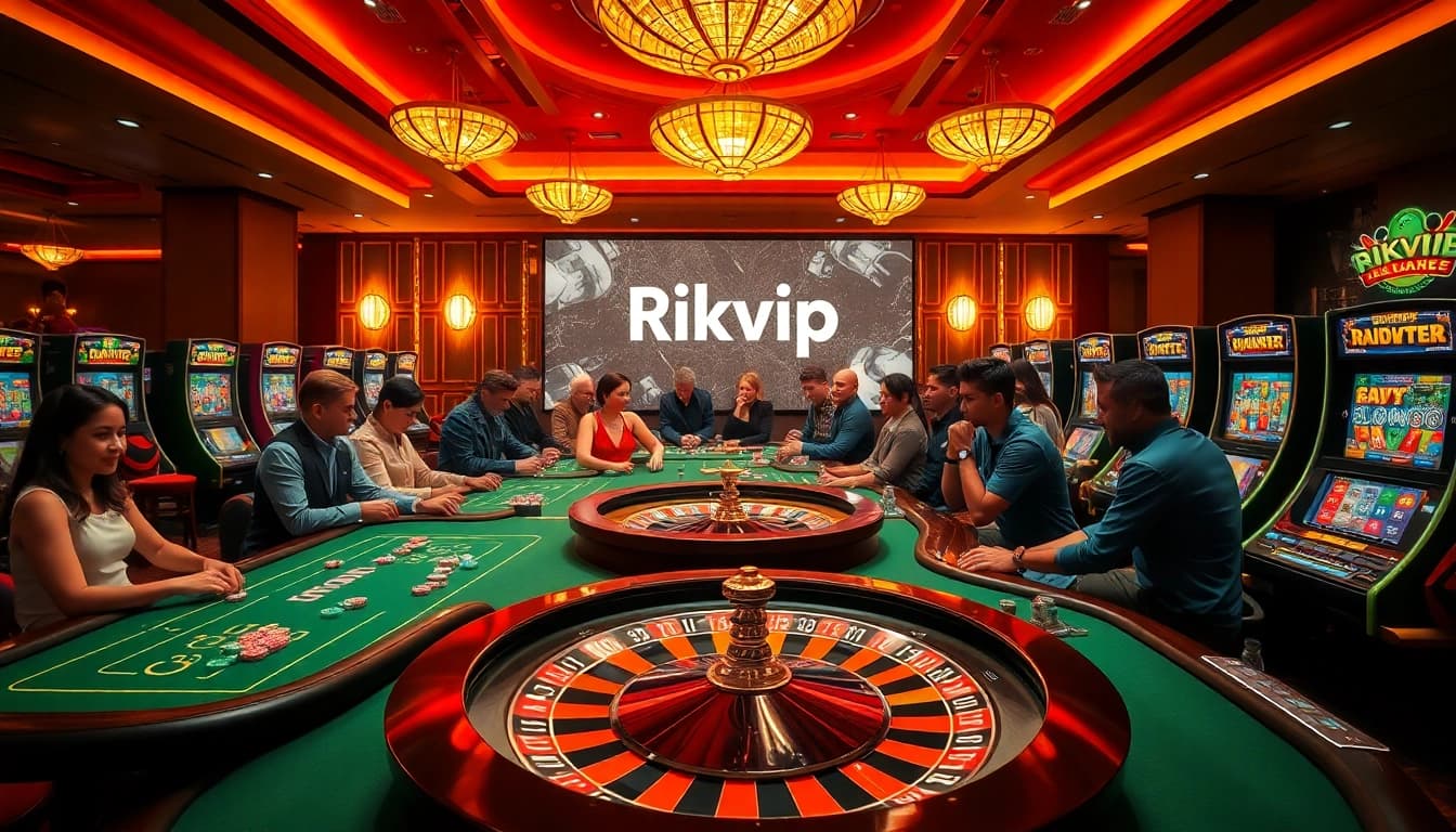 Engaged players at Rikvip's vibrant casino tables, enjoying poker and roulette.
