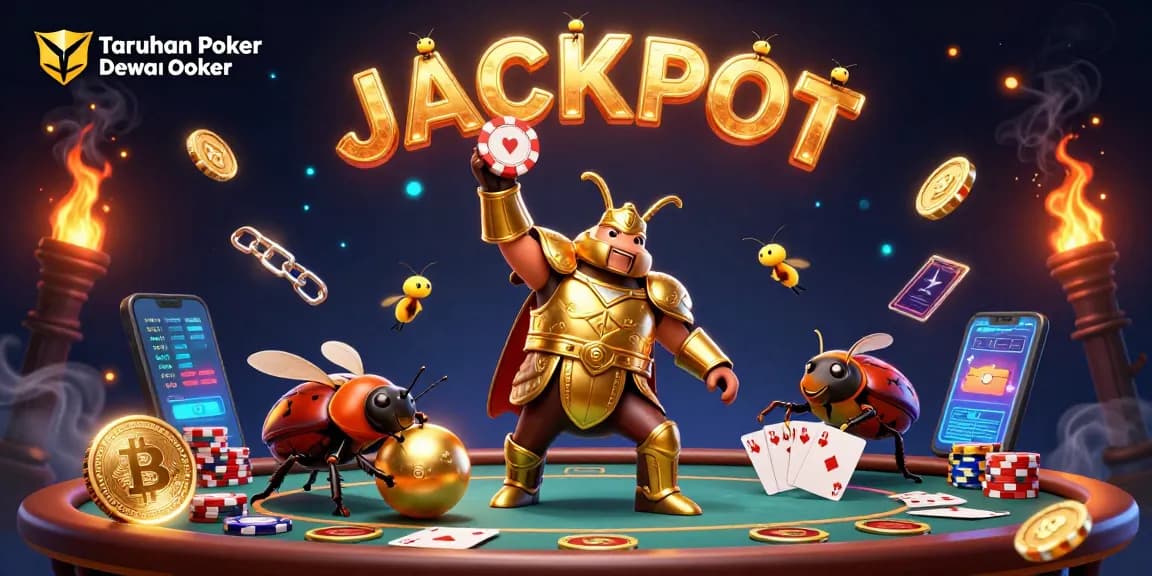 Experience a thrilling Taruhan Poker Online Dewapoker scene with a golden-armored beetle winning at the poker table.